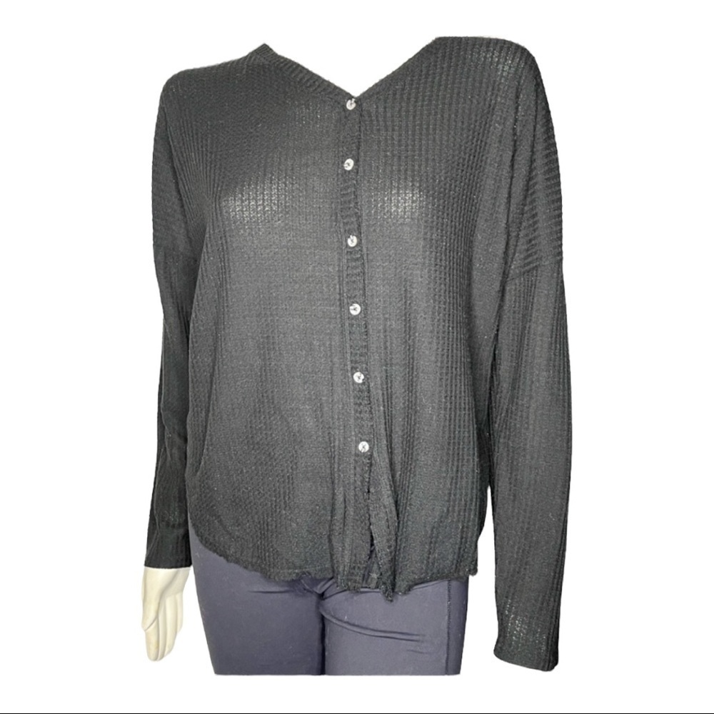 Time & Tru Black Waffle Print Top Sz XL